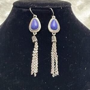 Vintage Natural Lapis Lazuli, Silver Plated, Tear Drop Shaped, Dangle Earrings